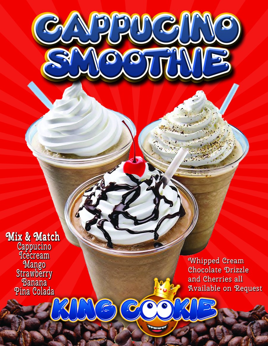 King Cookie specializes in cookies, custom cookie cakes, frozen drinks, and smoothies!